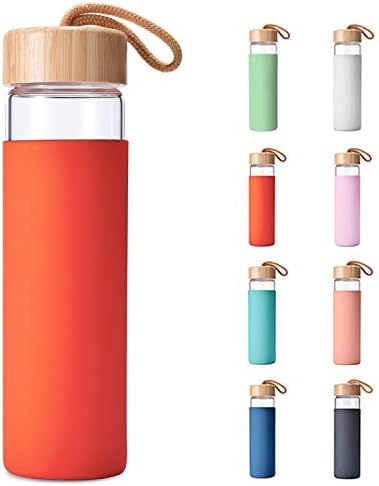 Yomious 20 Oz Borosilicate Glass Water Bottle with Bamboo Lid and Silicone Sleeve – Reusable BPA Free – Glass Drinking Bottle with Lids - Cute Glass Bottle for Women - Glass Shaker Bottle