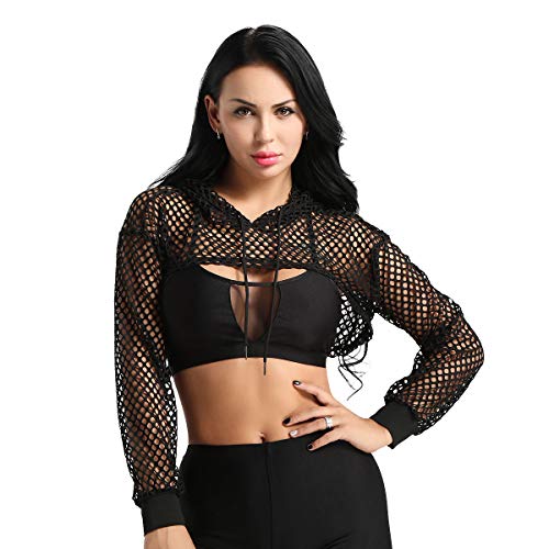 YiZYiF Damen Transparent Tops mit Kapuzen Bauchfrei Netz Oberteil Langarm Netz-Shirt Crop Top Unterhemd Dessous Unterwäsche Clubwear Schwarz Large