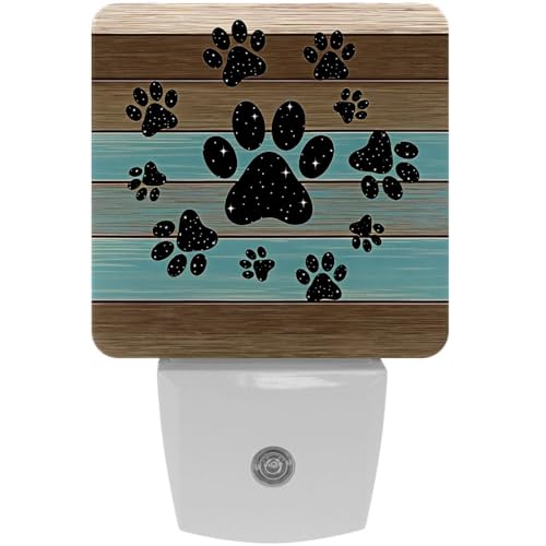 Image of NEWzone Teal Brown Wood Grain Galaxy Paws Night Light [2 Pack], Plug in Wall Led Night Lights Decor for Boys Girls Room, Dusk to Dawn Sensor Wall Lamp for Stairway /Bedroom /Kitchen /Nursery Room