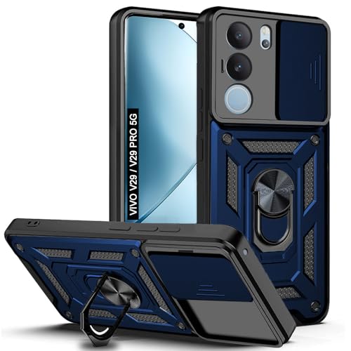 Image of AESTMO Polycarbonate Tough Armor Vivo V29 / V29 Pro 5G Bumper Back Case Cover|Ring Holder & Sliding Camera Shield Cover|360 Degree Protection Back Case Cover for Vivo V29 / V29 Pro (Blue)