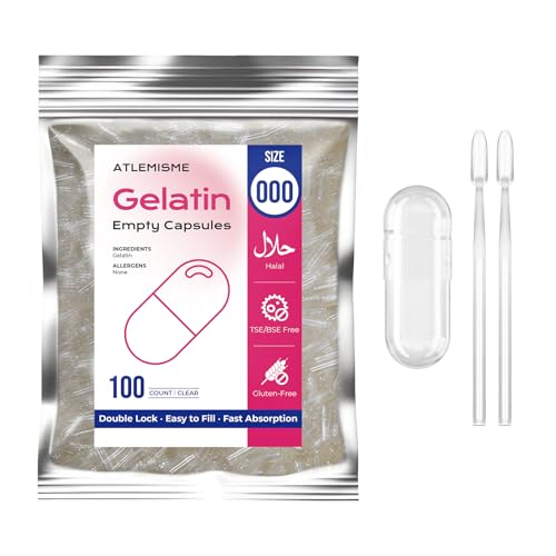 ATLEMISME Cápsulas Vacías de Gelatina - Tamaño 000, 100 Unidades, Ideales para Suplementos Naturales, Fáciles de Llenar y Digerir