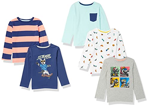 Amazon Essentials Jungen Langärmelige T-Shirts, 5er-Pack, Hellblau/Marineblau/Weiß, 8 Jahre