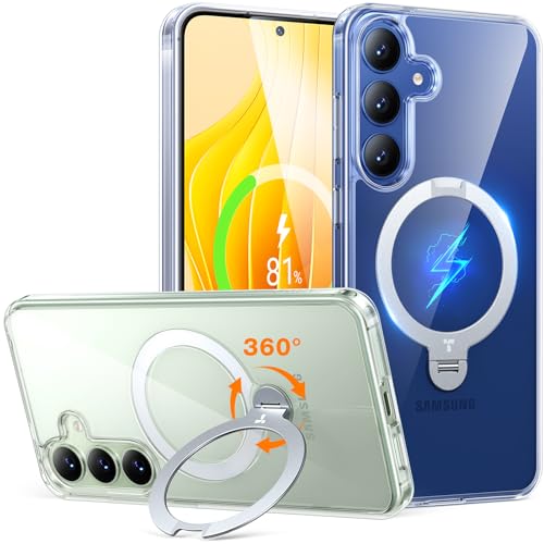 Image of TORRAS 360 Spin for Samsung Galaxy S25 Case with Stand, Fit for MagSafe, 3X Military Grade Protective, Rotatable Kickstand for Samsung S25 Case, Magnetic Ring Slim Hard Cover, Crystal Clear 6.2''