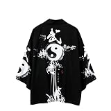 Tomwell Herren Japanischen Kimono Cardiqan Bademantel Morgenmantel Robe Dreiviertel-Ärmel Mit Lockerem Yin Yang und Drachen Drucken Unisex Lose Bluse Sommer Tops G Schwarz XL