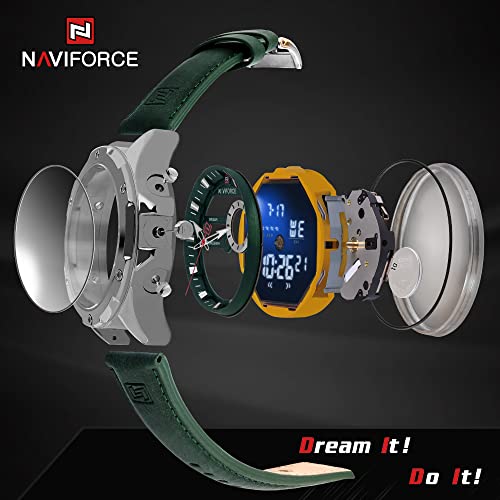 NAVIFORCE NF9208 Men Military Multifunction Sport Waterproof Leather Watch Digital Analog Quartz Chronograph Watches for Men, Green