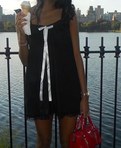 Image of NUFIWI Y2K Ruffle Hem Babydoll Mini Dresses Square Neck Spaghetti Strap Short Dresses Boho Flowy Patchwork Sundress Vocation