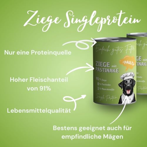 PAULI's Nassfutter für Hunde Ziege mit Pastinake | Single Protein (nur eine tierische Proteinquelle) | Naturprodukt | Glutenfrei | hohe Verträglichkeit | 6x400g
