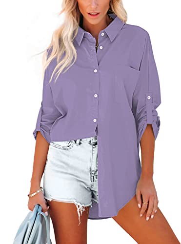 Homlan Blusa de algodón de Manga Larga para Mujer, Elegante Blusa, Camisas Informales, Tiras de Botones, Monocolor, Camiseta de Manga Larga, túnica con Bolsillos en el Pecho, Morado, L