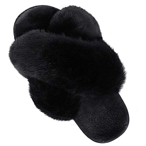 DOIOWN Women's Fuzzy Slippers Cross Band Fluffy Slippers Faux Fur Slippers Plush House Open Toe Cozy Slippers for Women(Black,Size 7-8)