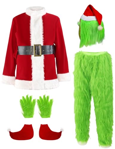 Varuotu 7PCS Adults Christmas Green Big Monster Costume Santa Furry Christmas Monster Costume Deluxe Outfit