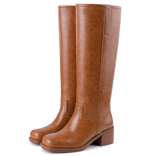 Image of Gothictor Women's Banana Knee High Boots Square Toe Chunky Block Heel Comfortable Low Heel Pull on Wide Calf Riding Long Boots for Women