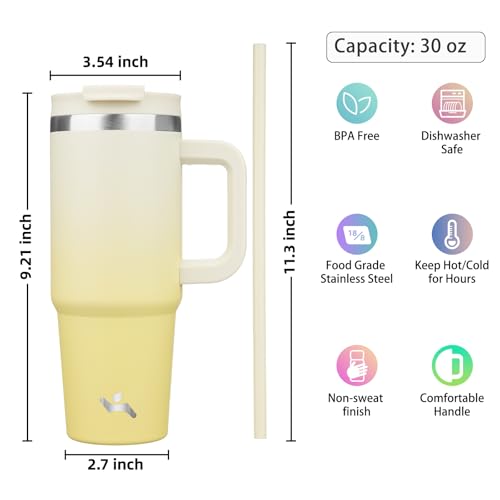 Image of Konokyo 30 oz Insulated Tumbler Water Bottle with Handle, Straw Lid | BPA-free and dishwasher safe; made for gym, travel, coffee and gifting, 2 straws, cup holder friendly,Lemon