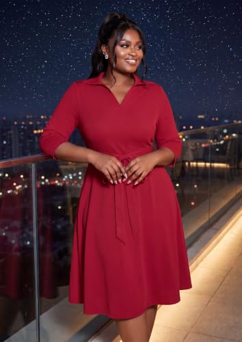Image of FANDEE Plus Size Midi Dress for Women - Printing Summer Dresses for Wedding Guest Cocktail Party 3 /4 Sleeve V Neck（L-5XL）