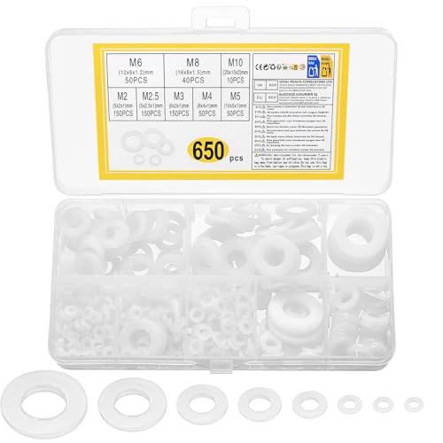 650 Piezas Arandelas Planas, Pasacables de Nylon, Arandelas de Seguridad, Electrico Pasamuros, Espaciadores Redondos para Fijaciones Industriales - Blanco, M2/M2.5/M3/M4/M5/M6/M8/M10