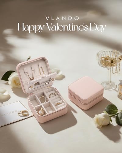 Vlando Valentines Day Gifts for Her- Small Travel Jewelry Box Organizer -Jewelry Display Case for Girls Women Bridesmaid Gift Rings Earrings Necklaces Storage with Mirror Pink