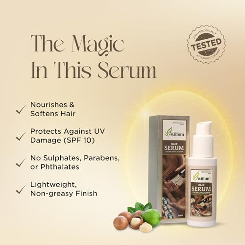 Image of Jojoba & Macadamia Hair Serum 50ml, Lightweight Non-Greasy Formula to Tame Frizz, Add Shine, and Protect Dry Dull Hair, Silicone and Paraben Free Hair Care Treatment