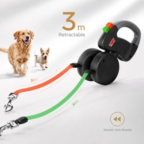 Laisse Double pour 2 Chiens, Laisse Chien Enrouleur 3 m avec Corde Rétractable, Double Laisse Extensible pour Petits Chiens, Gros Chiens et Animaux de Compagnie