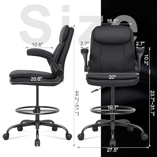 Image of Misolant Drafting Chair, Tall Office Chair for Standing Desk, High Leather Executive Office Chair with Adjustable Height and Flip-up Armrest for Counter Height Desk