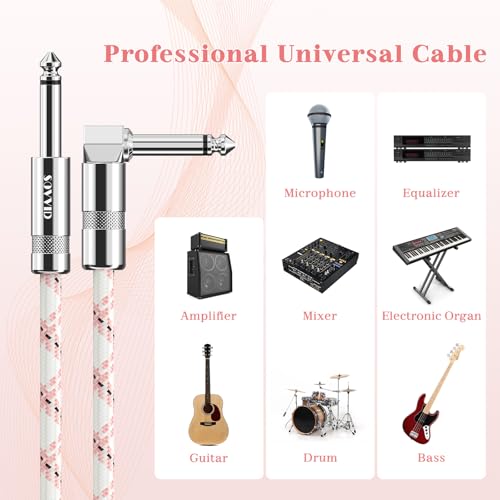 Image of 10FT Instrument Cable - Electric Guitar & Bass Cable with Right Angle 1 /4 Inch Connector - Pink White