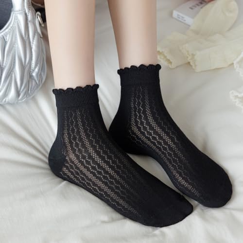 zrylibya Women Cute Hollow Out Crochet Ankle Socks Scalloped Pointelle Solid Color Basic Casual Socks 5 Pairs4
