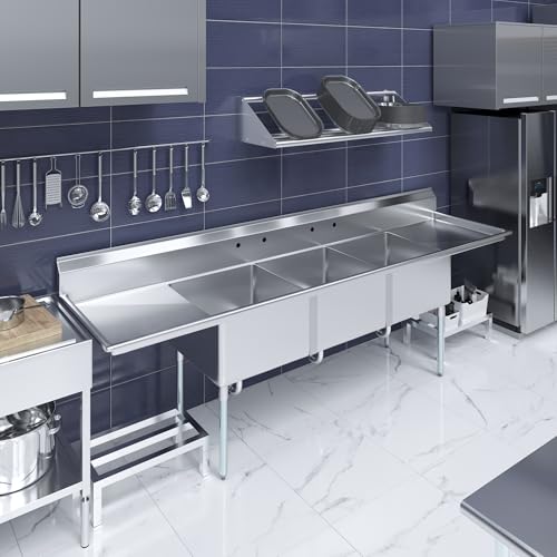 Image of 120 in. x 30 in. Stainless Steel Three Compartment Sink with 24 in. x 24 in. x 14 in. Bowls and Dual 24 in. Drainboards