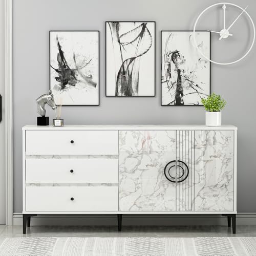 Homidea Zoe Console - Cómoda - Aparador - Tablero de TV - con 2 puertas y 3 cajones en diseño moderno 150 x 78,6 x 40 cm (mármol blanco)