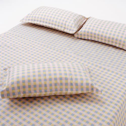 Image of Haus & Kinder Double Bed Bedsheet 90 x 100 | 186 TC Pure Cotton Bed Sheet Double Bed with 2 Pillow Covers | Queen Size Bed Sheet | Awairo Check Soft Pastel