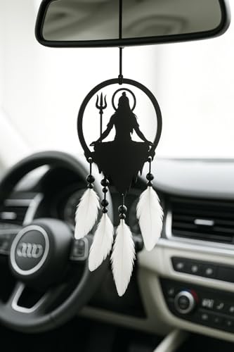 Image of Handmade Dream Catcher Car Ornament - Stylish Rear View Mirror Hanging Accessory - Elegant Car Interior Decoration - Good Luck & Positive Energy Charm (1, Mahadev)