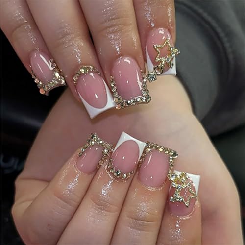 24Pcs Gold Rhinestones Press on Nails Short Square French Tip Fake Nails 3D Diamond with Gold Star Gems Glitter Full Cover Reusable Acrylic Nails Glossy Stick on Nails for Women Girl Acrylic Nails DIY