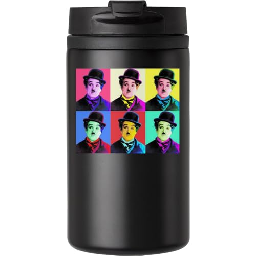 Taza térmica de doble pared con tapa a prueba de fugas, diseño de famoso actor británico, arte pop, comedia, películas silenciosas, taza de café para bebidas calientes y frías, color negro