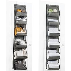 2 grey and clear hanging storage, 1 with purses and one with towels.