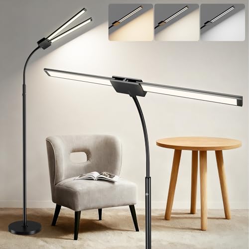 LGMCF Kabellose Stehlampe Wohnzimmer 8000mAh Wiederaufladbare LED-Stehlampe Doppelkopf 15W 1800LM Helle Leselampen Schwanenhals 3 Farbtemperaturen Dimmbare Moderne Stehleuchte für Büro Schlafzimmer