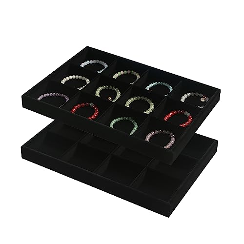 Image of Coward 2PC Black Velvet Stackable 12 Grids Jewelry Organizer Tray Bracelet Display Stand for Selling Velvet Necklace Holder Earring Box Storage (12grid+12grid)