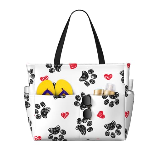 Pet Colorful Doodle Paw Hearts Dog Pattern Beach Bag Women Tote Bag Pool Bag With Zipper For Gym Grocery Travel With Wet Pocket