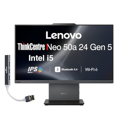 Image of Lenovo ThinkCentre Neo 50a Business All-in-One 24 inch IPS FHD Display (Intel i5-13420H, 16GB DDR5, 1TB PCIe SSD, Intel UHD, WiFi 6, Webcam, Bluetooth 5.4, Win 11 Home) w /DKZ USB Port Expander