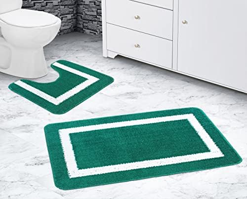 La Maison Bathroom Rug Set 2 Piece Stripe Border Geo Non Slip Bath Mat and Pedestal Mat Set Quick Dry Shower Bath Super Soft Toilet Mat Set (Emerald)