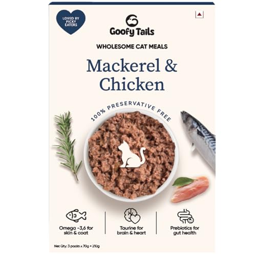 Image of Goofy Tails Mackerel and Chicken Wet Cat Food and Kitten Food, 630g (70g X 9 Pouches), Preservative Free, Gluten & Grain Free, Balanced Cat Wet Food, Powered by Taurine with Omega 3 & Antioxidants