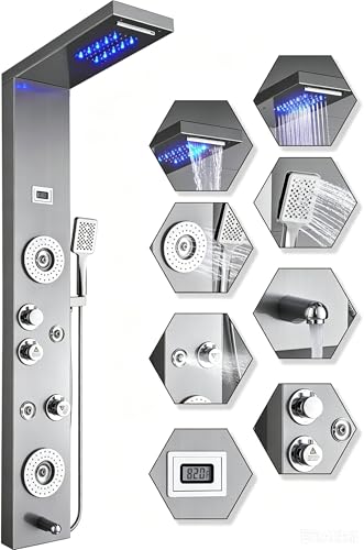 ELLO&ALLO Stainless Steel Shower Panel Tower System,LED Rainfall Waterfall Shower Head 6-Function Faucet Rain Massage System with Body Jets, Brushed Nickel