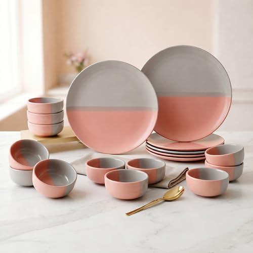 Image of The Earth Store DT Grey Pink Ceramic Dinner Set, 18 Piece Plates & Bowls Set | Microwave & Dishwasher Safe Dinnerware | Bone-Ash Free Crockery Set for Dining Table