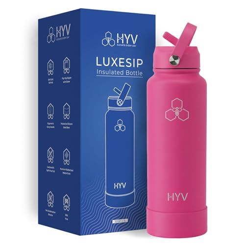 HYV LuxeSip Insulated Water Bottle 1 Litre | Stainless Steel Sipper Bottle for Adults & Kids | Hot & Cold Flask for Gym, Office, Travel | Leakproof, BPA-Free with Straw & Carry Handle | Electric Pink