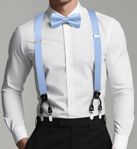 Image of Dubulle Suspender and Bow Tie for Men Paisley Solid Mens Suit Braces Pretied Bowtie and Handkerchief Cufflinks Formal Wedding
