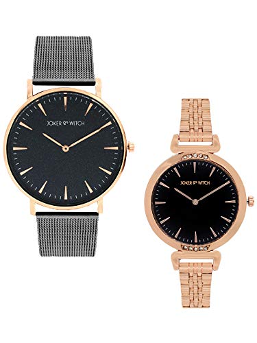Image of Joker & Witch Stainless Steel Unisex Fitz & Olivia Couple Analog Watch Gift Set For Men And Women, Dial Black, Band Brown