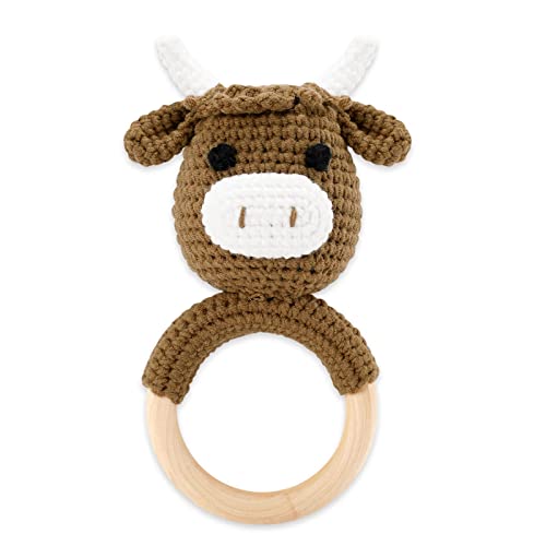 Image of Eunikroko Baby Crochet Highland Cow Rattle Teething Toy for Baby Boy Wooden Teething Ring Infant Toys Handmade Stuff Farm Animal for Newborn Easter Gift