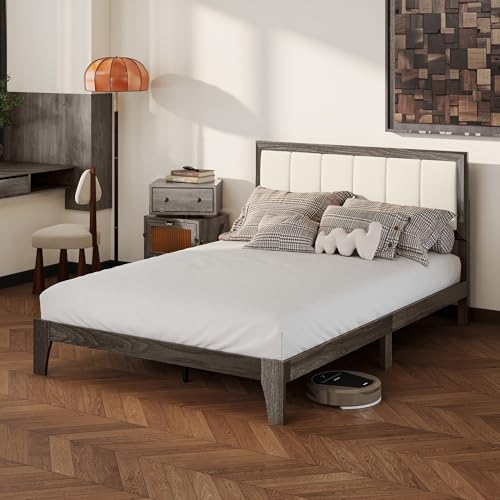 HOMCOM Full Size Bed Frame with Upholstered Headboard, Platform Bed Frame with Wooden Slats, No Box Spring Needed, Easy Assembly, Charcoal Gray