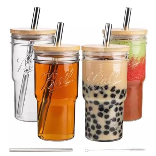 STARVAST Juego de 4 vasos con tapa de bambú y pajita, 720 ml, vasos de cristal de 720 ml, vasos largos, reutilizables Boba Cup, tazas de café helado, vasos Mason Jar, botella para batidos