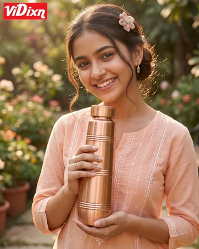 Image of Pure Copper Water Bottle 950ml - Slim & Stylish Ayurvedic Tamra Jal Bottle, Leakproof Screw Cap, BPA Free, 100% Copper Drinking Bottle for Home, Office, Gym & Travel