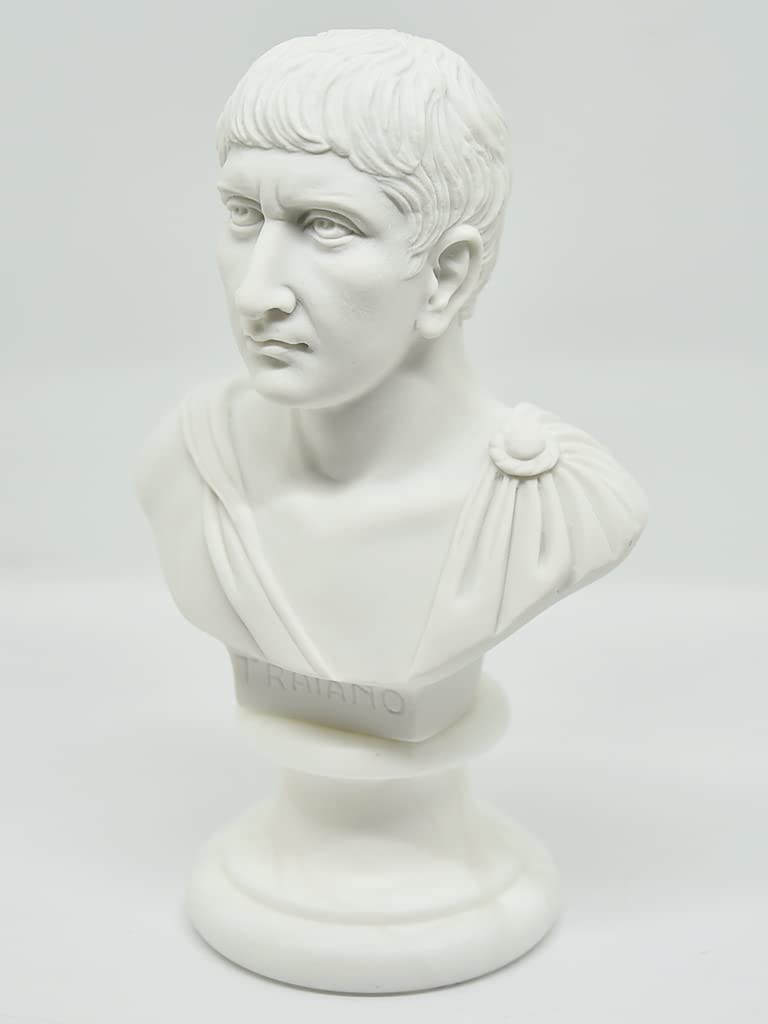 Riproduzione Busto: Traiano - Imperatore Romano - Scultura Marmo e Resina con base in alabastro, 15 cm, 350 gr - Artigianato Toscano Design – Idea Regalo Casa