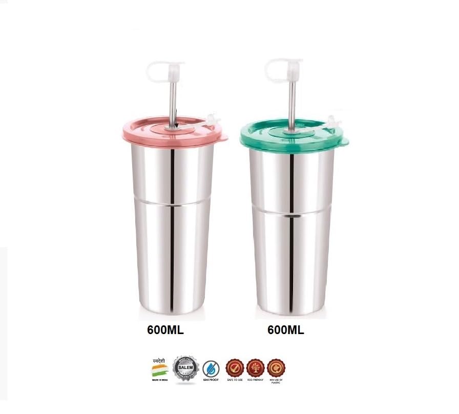 Image of Stainless Steel Fusion Glass Tumbler with Stainless Steel Metal Straws and Cleaning Brush with Lid (LD SIP 400+600ML)