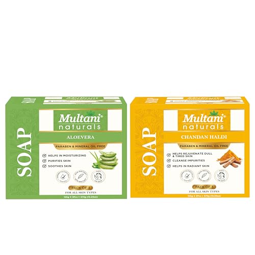 Image of Multani Natural Chandan Haldi & Aloevera Soap For Bath (125 Gm - Pack of 6) | For Hydration & Glow | Paraben Free | Clinically Tested | Helps Rejuvenate Dull & Tired Skin | For All Skin Types | Soap Bar For Men & Women