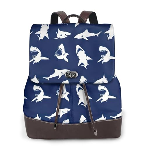 Sac à dos motif requin avec différents gestes imprimés pour femme en cuir noir unique